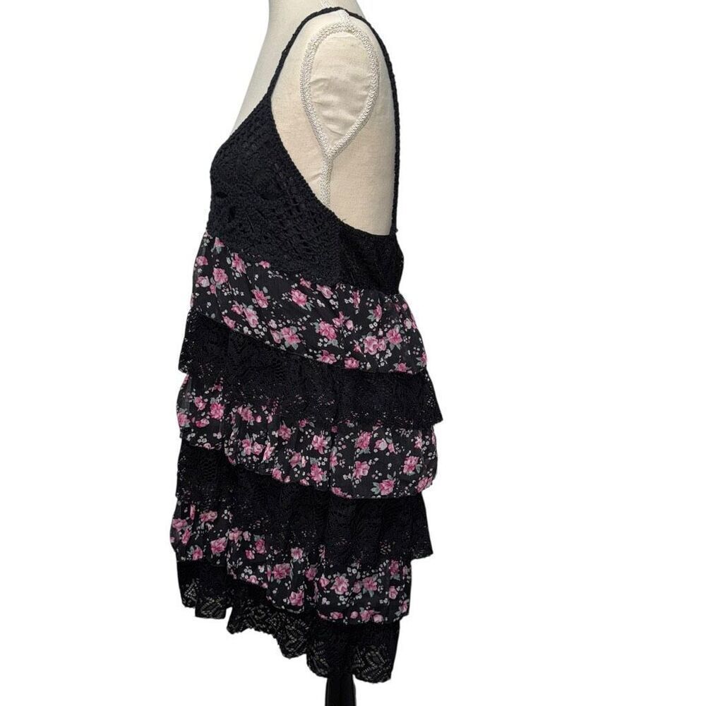 Interi Black spaghetti strap Sleeveless Lace Floral Mini layered fringe Dress L - Picture 5 of 11
